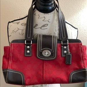 Red canvas & leather Coach handbag
